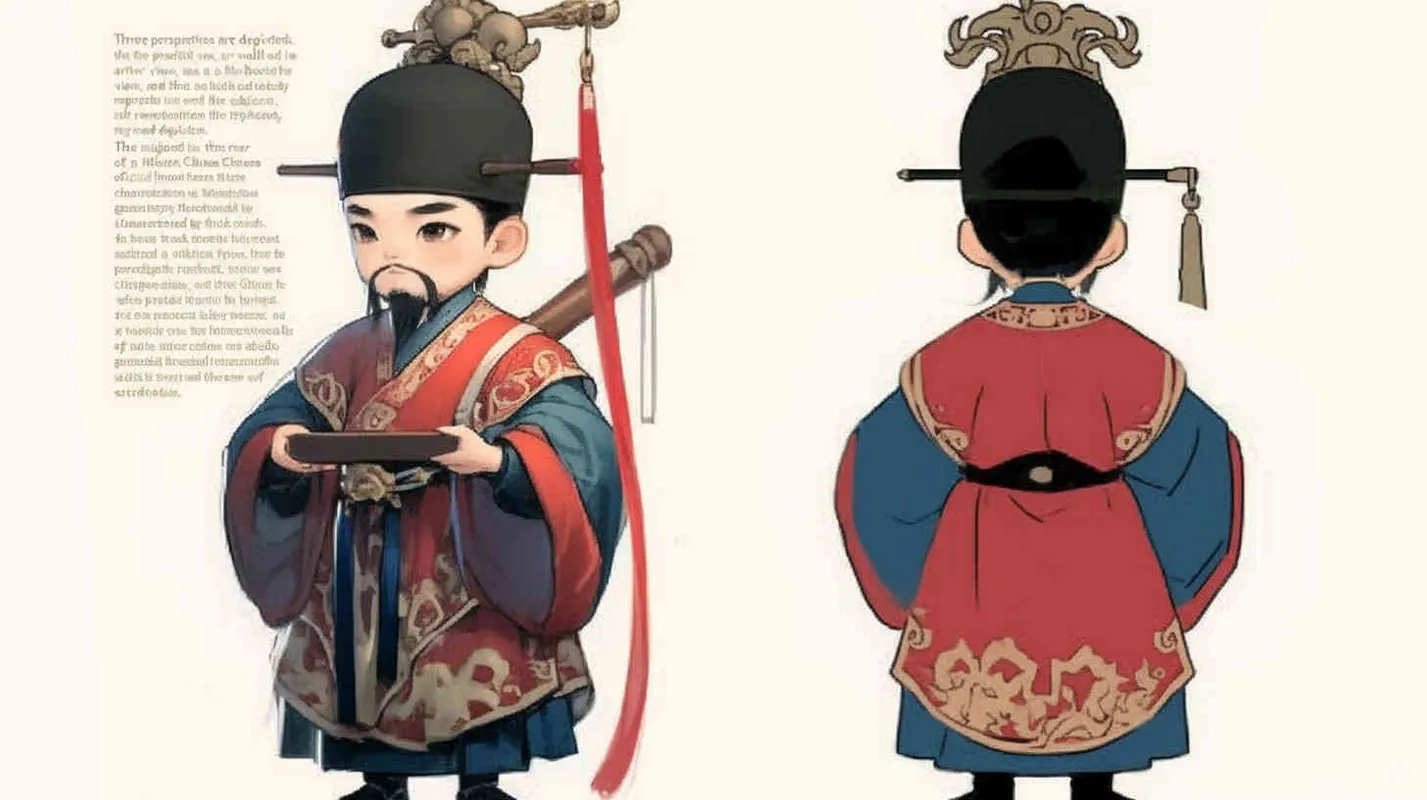Three views , namely the front view , the side view and the back view，and full body, a Q version of a Chinese Ming Dynasty official, wearing a  black gauze cap, a red round necked robe, holding a  long wooden board in hand， wearing black cloth shoes, and having a beard，three  views,  front, side,  back， DeI stijil,chibi style,  OC setting, Q-version art style, white background,  ancient style IP design,  best quality, using the Niji v6 version, size must be horizontal version，Three perspectives on the same horizontal line ，4k, super detail , front view -- Niji v6- style 150-- ar 3:2-- style raw - style4部分