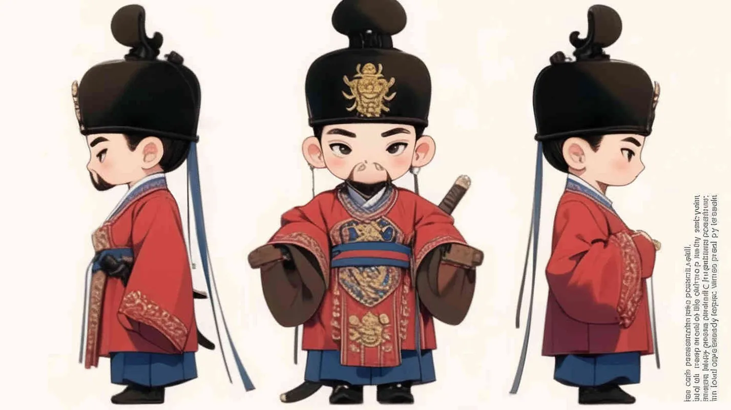 Three views , namely the front view , the side view and the back view，and full body, a Q version of a Chinese Ming Dynasty official, wearing a  black gauze cap,  the hat has black straps on both ，a red round necked robe, holding a wooden board with both hands， wearing black cloth shoes, and having a beard，three  views,  front, side,  back， DeI stijil,chibi style,  OC setting, Q-version art style, white background,  ancient style IP design,  best quality, using the Niji v6 version, size must be horizontal version，Three perspectives on the same horizontal line ，4k, super detail , front view -- Niji v6- style 150-- ar 16：9 -- style raw - style1部分