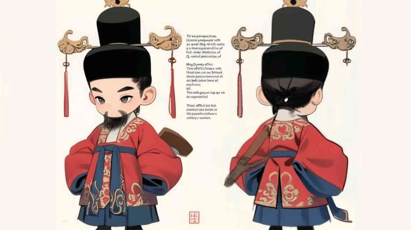Three views , namely the front view , the side view and the back view，and full body, a Q version of a Chinese Ming Dynasty official, wearing a  black gauze cap,  the hat has black straps on both ，a red round necked robe, holding a wooden board with both hands， wearing black cloth shoes, and having a beard，three  views,  front, side,  back， DeI stijil,chibi style,  OC setting, Q-version art style, white background,  ancient style IP design,  best quality, using the Niji v6 version, size must be horizontal version，Three perspectives on the same horizontal line ，4k, super detail , front view -- Niji v6- style 150-- ar 16：9 -- style raw - style2部分