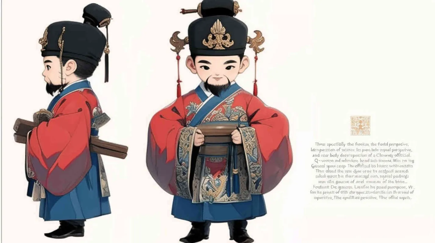 Three views , namely the front view , the side view and the back view，and full body, a Q version of a Chinese Ming Dynasty official, wearing a  black gauze cap,  the hat has black straps on both ，a red round necked robe, holding a wooden board with both hands， wearing black cloth shoes, and having a beard，three  views,  front, side,  back， DeI stijil,chibi style,  OC setting, Q-version art style, white background,  ancient style IP design,  best quality, using the Niji v6 version, size must be horizontal version，Three perspectives on the same horizontal line ，4k, super detail , front view -- Niji v6- style 150-- ar 16：9 -- style raw - style3部分