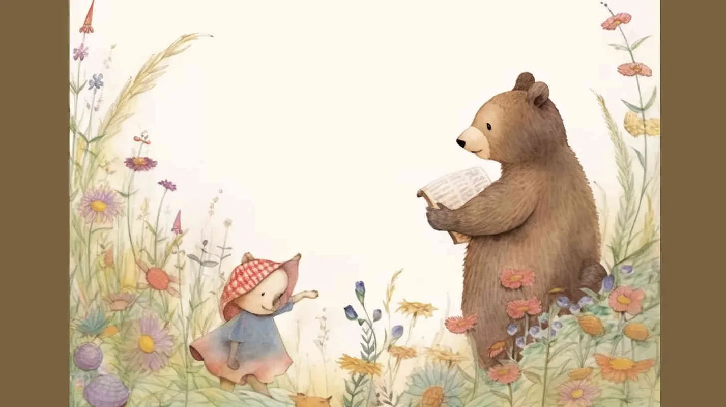 a girl and a bear are playing in the mountains full of flowers, flat ink and wash style, colored pencil style , hand drawn style , with brush strokes , black strokes , graffiti , hand - drawn , watercolor , crayon , very thick lines ,  random strokes ,8k，super high details , HDsmooth , by Jon Burgerman -- niji 5- s 180- style expressive - style1部分
