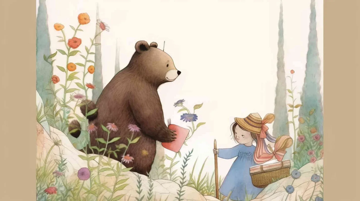 a girl and a bear are playing in the mountains full of flowers, flat ink and wash style, colored pencil style , hand drawn style , with brush strokes , black strokes , graffiti , hand - drawn , watercolor , crayon , very thick lines ,  random strokes ,8k，super high details , HDsmooth , by Jon Burgerman -- niji 5- s 180- style expressive - style2部分