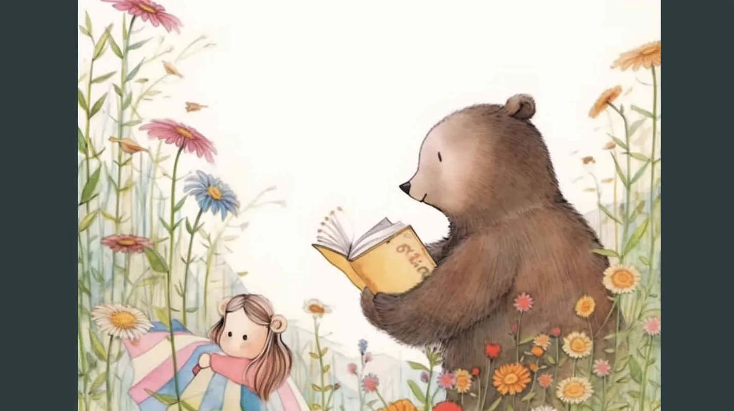 a girl and a bear are playing in the mountains full of flowers, flat ink and wash style, colored pencil style , hand drawn style , with brush strokes , black strokes , graffiti , hand - drawn , watercolor , crayon , very thick lines ,  random strokes ,8k，super high details , HDsmooth , by Jon Burgerman -- niji 5- s 180- style expressive - style3部分