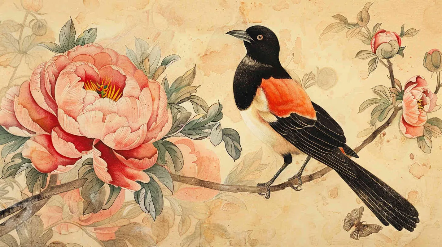 一只停在牡丹花上的喜鹊，工笔画，强调线条 - style1部分