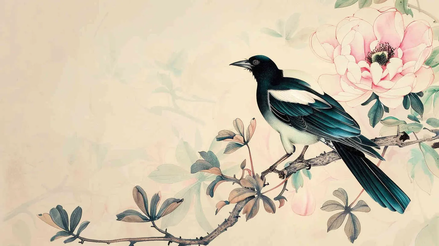 一只停在牡丹花上的喜鹊，工笔画，强调线条 - style3部分