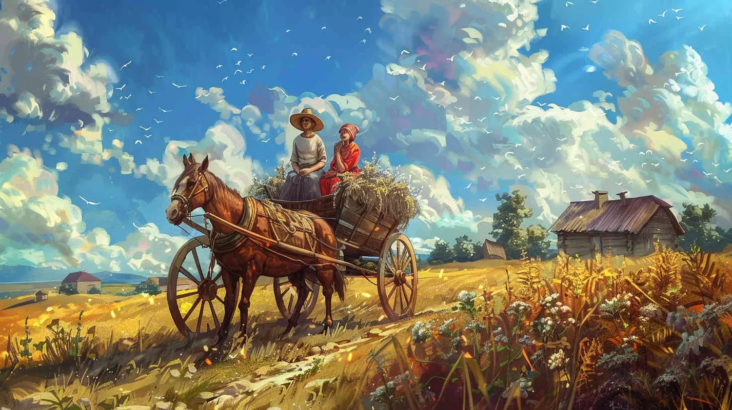 儿童绘本，古典油画画风，赶牛车的人的绘画风格 - style1部分