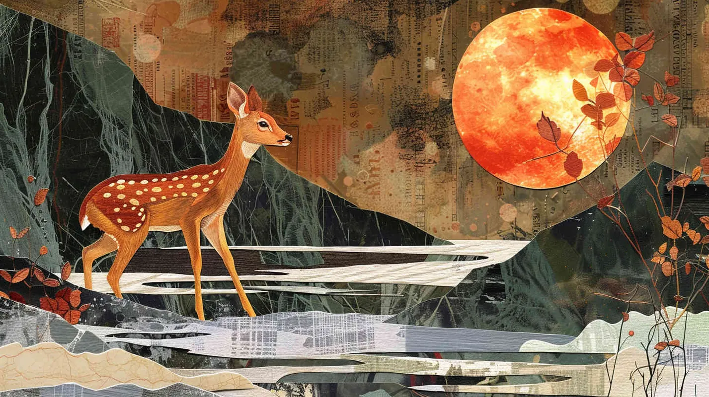 儿童绘本,拼贴画风格,小鹿斑比过河 - AI绘画作品展示 | Midjourney中文版生成