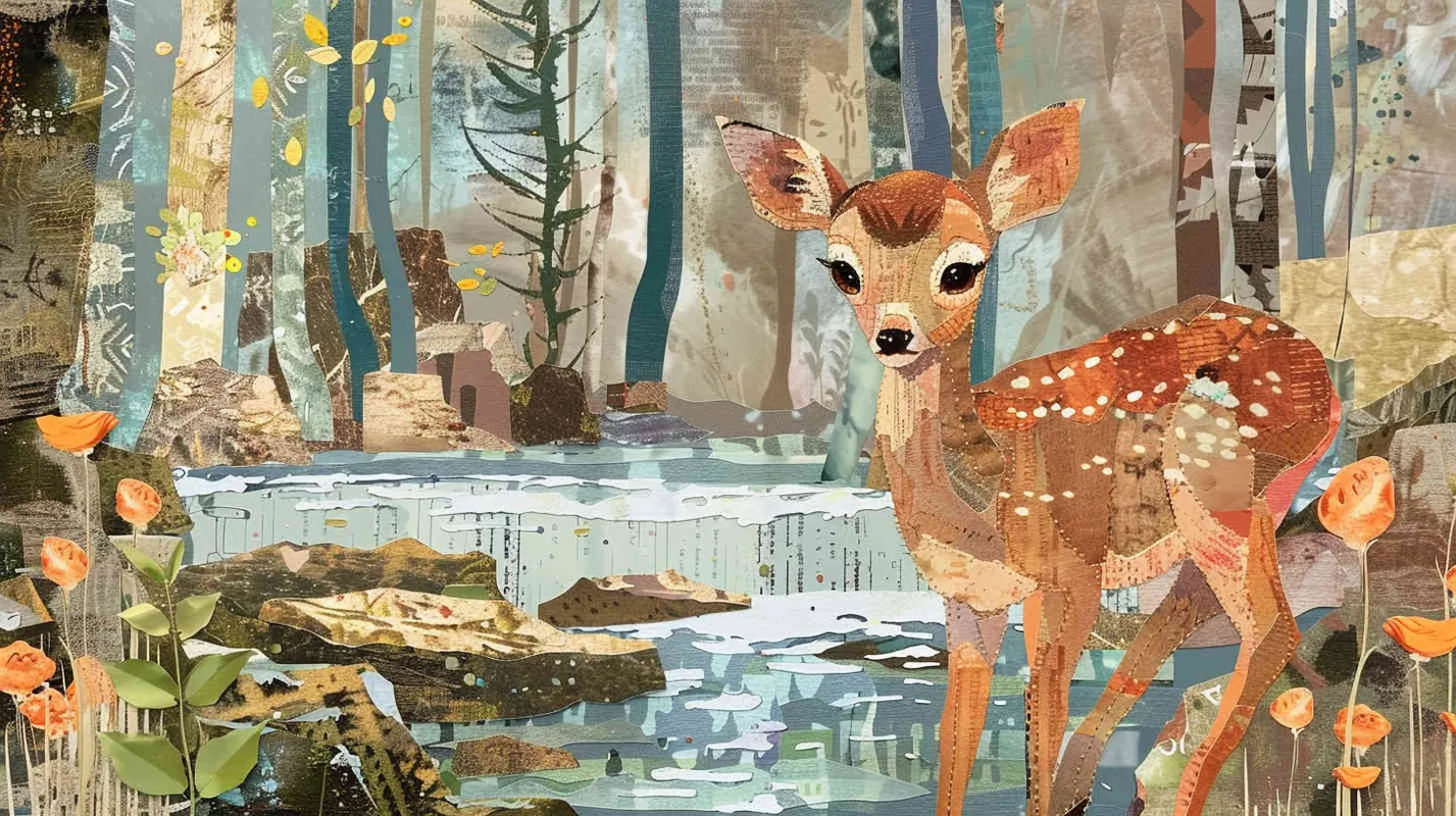 儿童绘本,拼贴画风格,小鹿斑比过河 - AI绘画作品展示 | Midjourney中文版生成