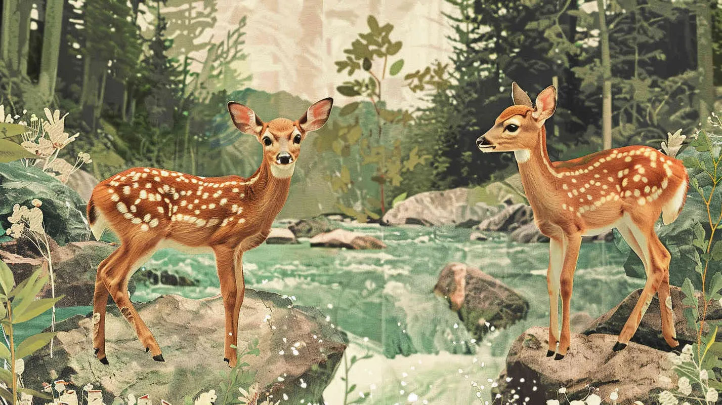 儿童绘本,拼贴画风格,小鹿斑比过河 - AI绘画作品展示 | Midjourney中文版生成