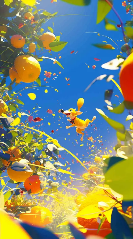 Pixar style, Disney Style, 3D design, C4D modeling, Stylized illustration of a lemon dog energetically chasing a squirrel amidst lush greenery, incorporating elements of whimsy and playfulness. Utilize a chaotic style with moderate abstraction to enhance the dynamic nature of the scene，Bright Colors, LivelyAtmosphere, Blender, OC Renderer, High Detail, High Quality - style2部分
