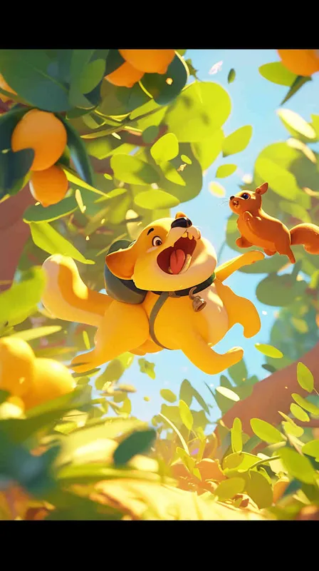 Pixar style, Disney Style, 3D design, C4D modeling, Stylized illustration of a lemon dog energetically chasing a squirrel amidst lush greenery, incorporating elements of whimsy and playfulness. Utilize a chaotic style with moderate abstraction to enhance the dynamic nature of the scene，Bright Colors, LivelyAtmosphere, Blender, OC Renderer, High Detail, High Quality - style3部分
