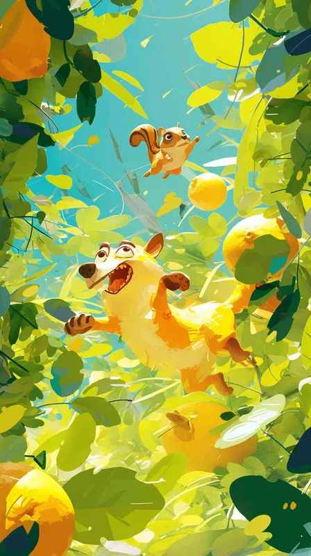 Pixar style, Disney Style, 3D design, C4D modeling, Stylized illustration of a lemon dog energetically chasing a squirrel amidst lush greenery, incorporating elements of whimsy and playfulness. Utilize a chaotic style with moderate abstraction to enhance the dynamic nature of the scene，Bright Colors, LivelyAtmosphere, Blender, OC Renderer, High Detail, High Quality - style4部分