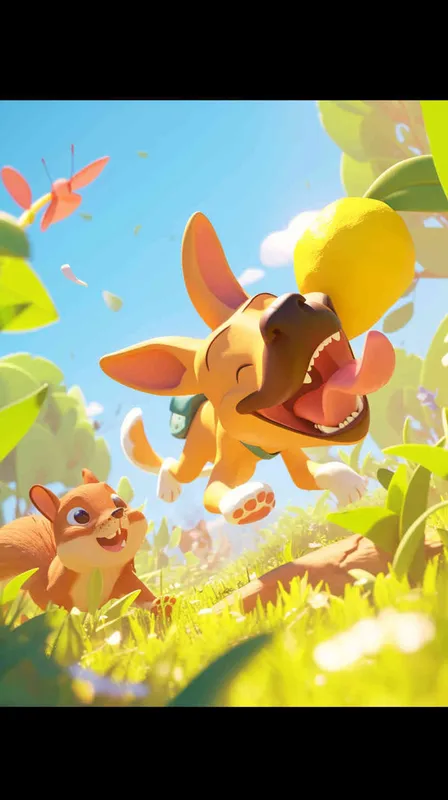 Pixar style, Disney Style, 3D design, C4D modeling, Stylized illustration of a lemon dog energetically chasing a squirrel amidst lush greenery, incorporating elements of whimsy and playfulness. Utilize a chaotic style with moderate abstraction to enhance the dynamic nature of the scene,Bright Colors, LivelyAtmosphere, Blender, OC Renderer, High Detail, High Quality - AI绘画作品展示 | Midjourney中文版生成