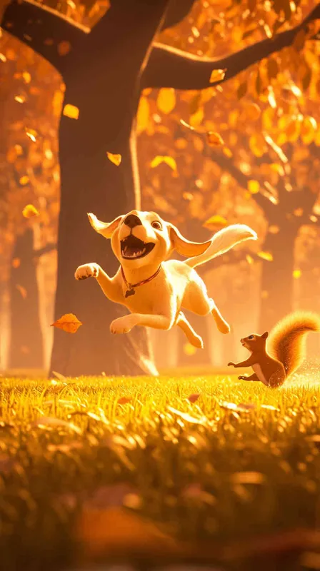 Pixar style, Disney Style, 3D design, C4D modeling, Realistic photo of a lemon-colored dog chasing a squirrel in a vibrant park setting, with the dog's tail held high in excitement. Use a standard resolution and focus on capturing the natural lighting of a sunny day in the park，Bright Colors, LivelyAtmosphere, Blender, OC Renderer, High Detail, High Quality - style1部分