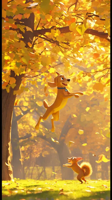 Pixar style, Disney Style, 3D design, C4D modeling, Realistic photo of a lemon-colored dog chasing a squirrel in a vibrant park setting, with the dog's tail held high in excitement. Use a standard resolution and focus on capturing the natural lighting of a sunny day in the park，Bright Colors, LivelyAtmosphere, Blender, OC Renderer, High Detail, High Quality - style2部分