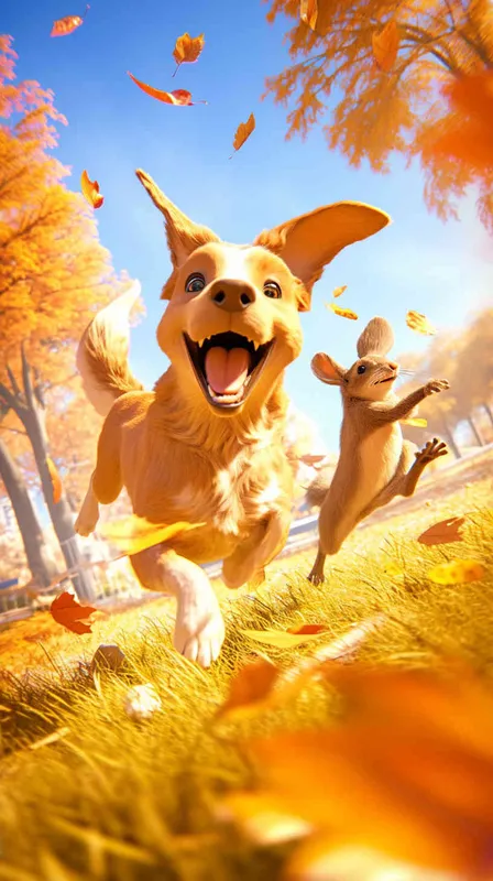 Pixar style, Disney Style, 3D design, C4D modeling, Realistic photo of a lemon-colored dog chasing a squirrel in a vibrant park setting, with the dog's tail held high in excitement. Use a standard resolution and focus on capturing the natural lighting of a sunny day in the park，Bright Colors, LivelyAtmosphere, Blender, OC Renderer, High Detail, High Quality - style3部分