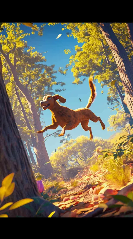 Pixar style, Disney Style, 3D design, C4D modeling, Realistic photo of a lemon-colored dog chasing a squirrel in a vibrant park setting, with the dog's tail held high in excitement. Use a standard resolution and focus on capturing the natural lighting of a sunny day in the park，Bright Colors, LivelyAtmosphere, Blender, OC Renderer, High Detail, High Quality - style4部分