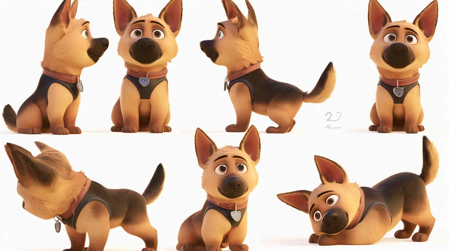 Pixar style, Disney Style, 3D design, C4D modeling, Cute German Shepherd Dog, adorable with big blue eyes, has a black mark on the chest, Lemon colored fur,character sheet , different expressions and poses，white background，Bright Colors, LivelyAtmosphere, Blender, OC Renderer, High Detail, High Quality  - style1部分