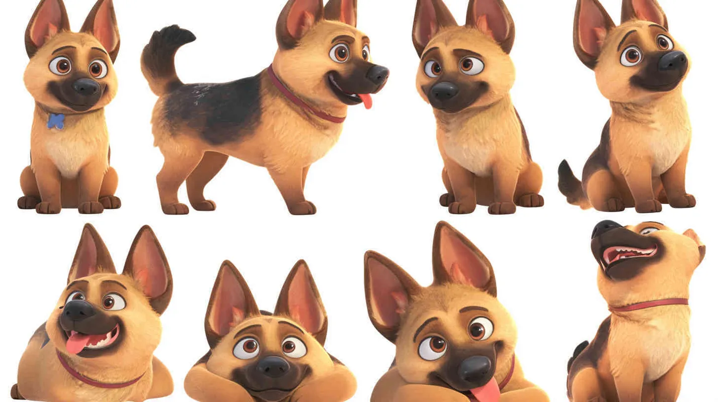 Pixar style, Disney Style, 3D design, C4D modeling, Cute German Shepherd Dog, adorable with big blue eyes, has a black mark on the chest, Lemon colored fur,character sheet , different expressions and poses，white background，Bright Colors, LivelyAtmosphere, Blender, OC Renderer, High Detail, High Quality  - style2部分