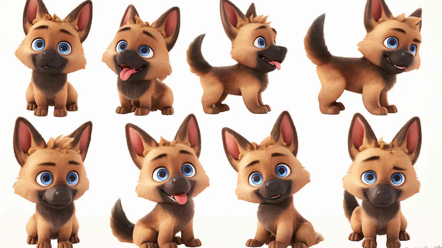 Pixar style, Disney Style, 3D design, C4D modeling, Cute German Shepherd Dog, adorable with big blue eyes, has a black mark on the chest, Lemon colored fur,character sheet , different expressions and poses，white background，Bright Colors, LivelyAtmosphere, Blender, OC Renderer, High Detail, High Quality  - style3部分