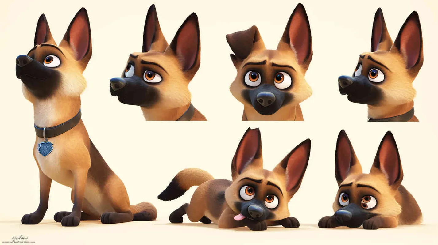 Pixar style, Disney Style, 3D design, C4D modeling, Cute German Shepherd Dog, adorable with big blue eyes, has a black mark on the chest, Lemon colored fur,character sheet , different expressions and poses，white background，Bright Colors, LivelyAtmosphere, Blender, OC Renderer, High Detail, High Quality  - style4部分