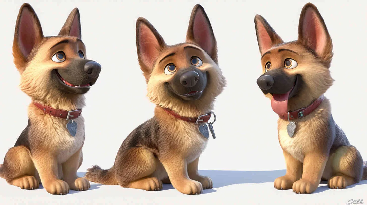 Pixar style, Disney Style, 3D design, C4D modeling, Cute German Shepherd Dog, adorable with big blue eyes, has a black mark on the chest, Lemon colored fur,white background，Bright Colors, LivelyAtmosphere, Blender, OC Renderer, High Detail, High Quality  - style1部分