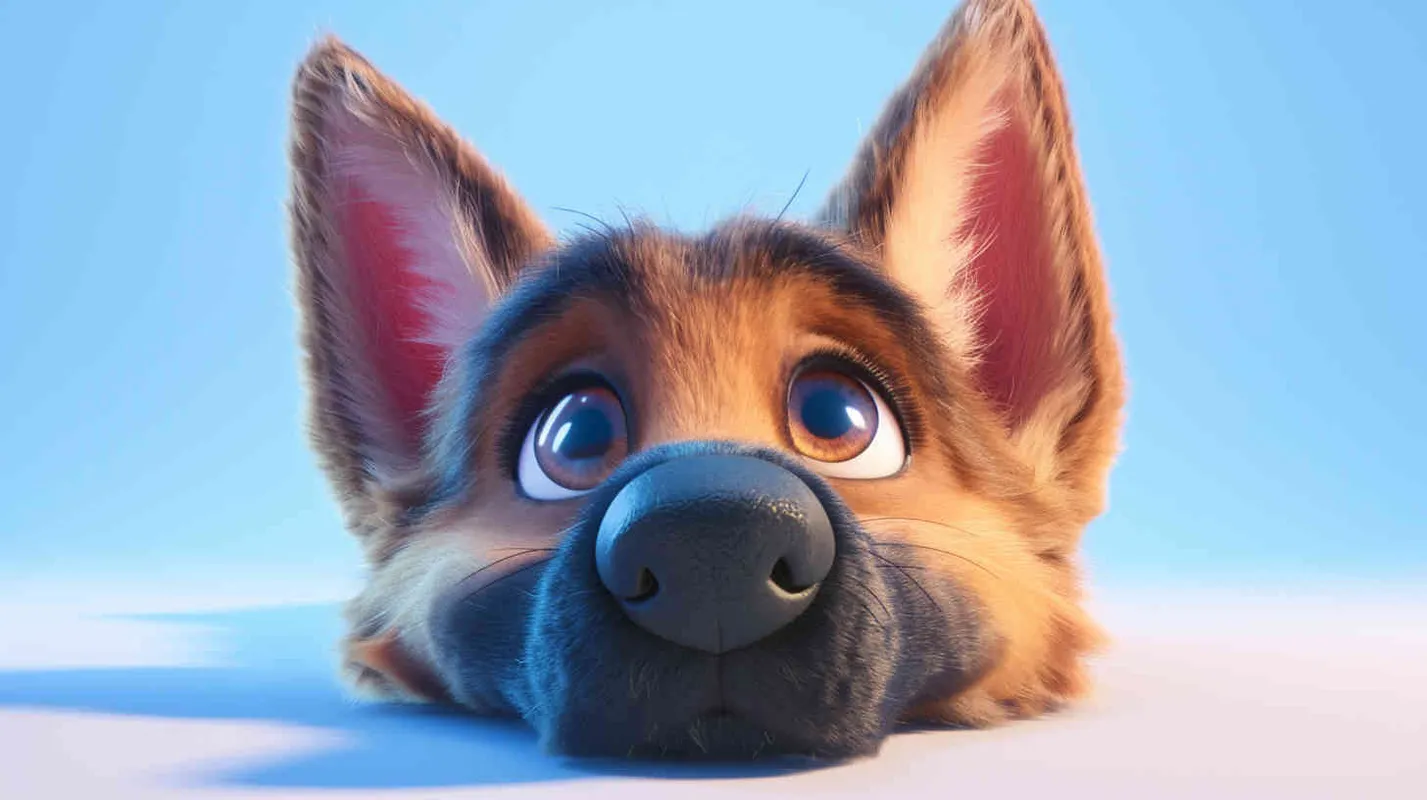 Pixar style, Disney Style, 3D design, C4D modeling, Cute German Shepherd Dog, adorable with big blue eyes, has a black mark on the chest, Lemon colored fur,white background，Bright Colors, LivelyAtmosphere, Blender, OC Renderer, High Detail, High Quality  - style3部分