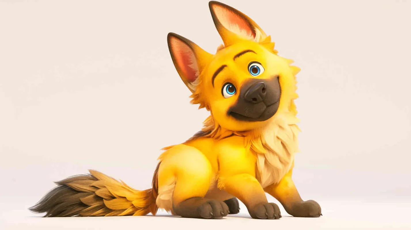 Pixar style, Disney Style, 3D design, C4D modeling, Cute German Shepherd Dog, adorable with big blue eyes, has a black mark on the chest, Lemon colored fur,white background，Bright Colors, LivelyAtmosphere, Blender, OC Renderer, High Detail, High Quality  - style4部分