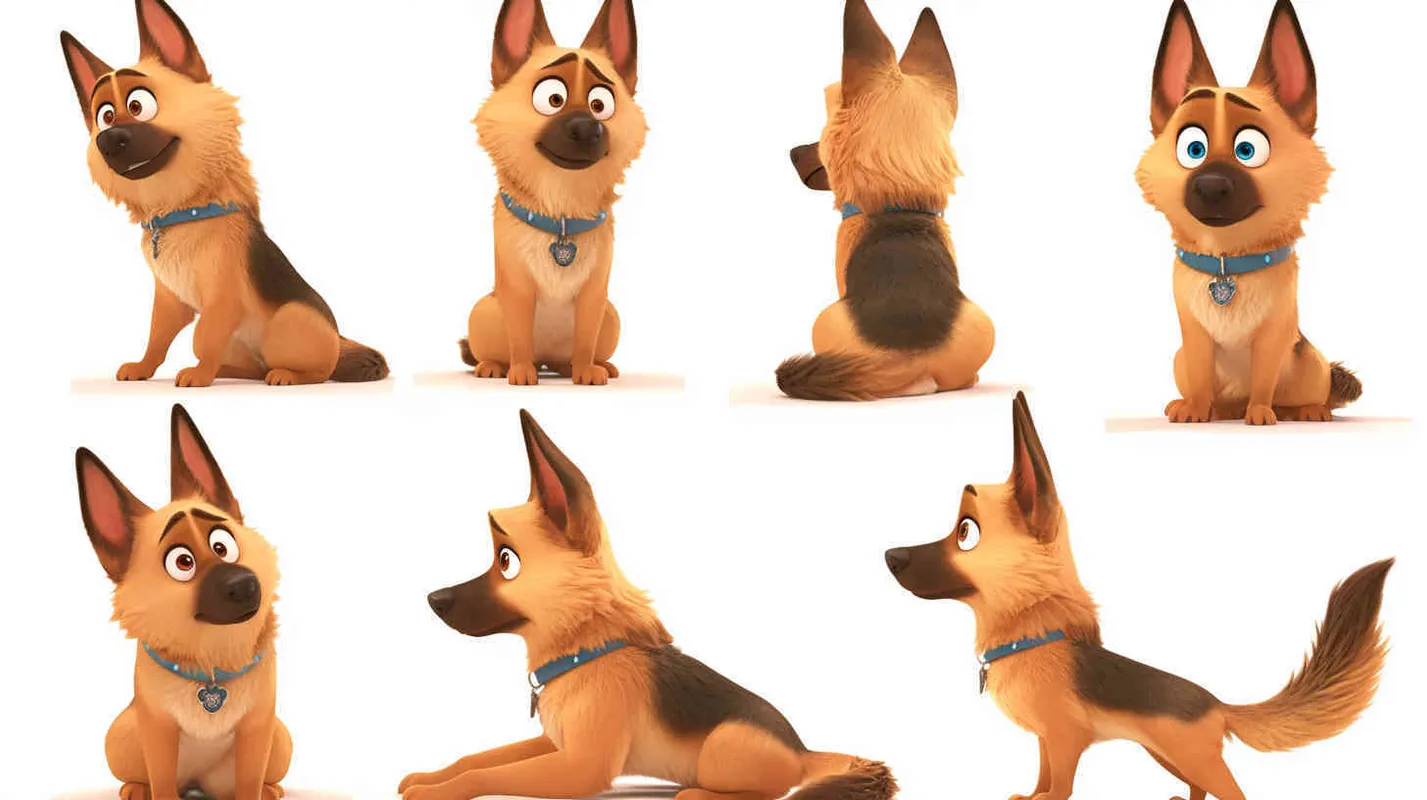 Pixar style, Disney Style, 3D design, C4D modeling, German Shepherd Dog, with lemon colored fur, blue big eyes, cute, and cool marks on the chest,character sheet , different expressions and poses，white background，Bright Colors, LivelyAtmosphere, Blender, OC Renderer, High Detail, High Quality - style1部分