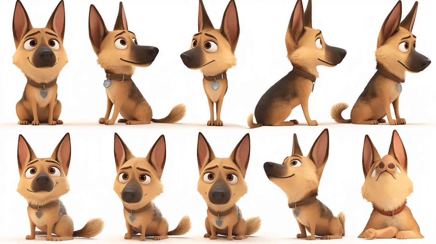 Pixar style, Disney Style, 3D design, C4D modeling, German Shepherd Dog, with lemon colored fur, blue big eyes, cute, and cool marks on the chest,character sheet , different expressions and poses，white background，Bright Colors, LivelyAtmosphere, Blender, OC Renderer, High Detail, High Quality - style2部分