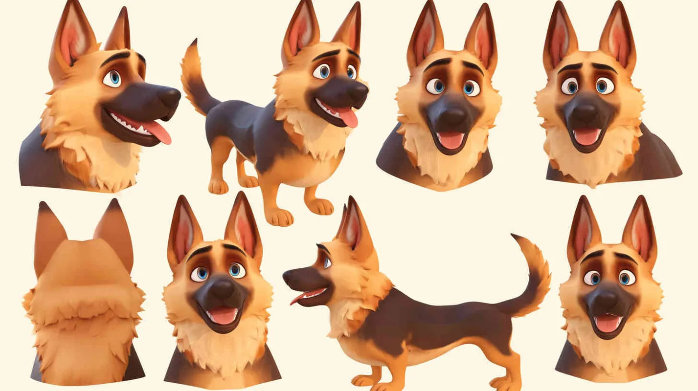 Pixar style, Disney Style, 3D design, C4D modeling, German Shepherd Dog, with lemon colored fur, blue big eyes, cute, and cool marks on the chest,character sheet , different expressions and poses，white background，Bright Colors, LivelyAtmosphere, Blender, OC Renderer, High Detail, High Quality - style3部分