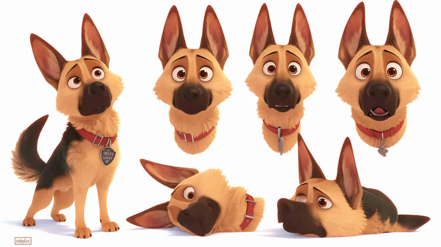 Pixar style, Disney Style, 3D design, C4D modeling, German Shepherd Dog, with lemon colored fur, blue big eyes, cute, and cool marks on the chest,character sheet , different expressions and poses，white background，Bright Colors, LivelyAtmosphere, Blender, OC Renderer, High Detail, High Quality - style4部分