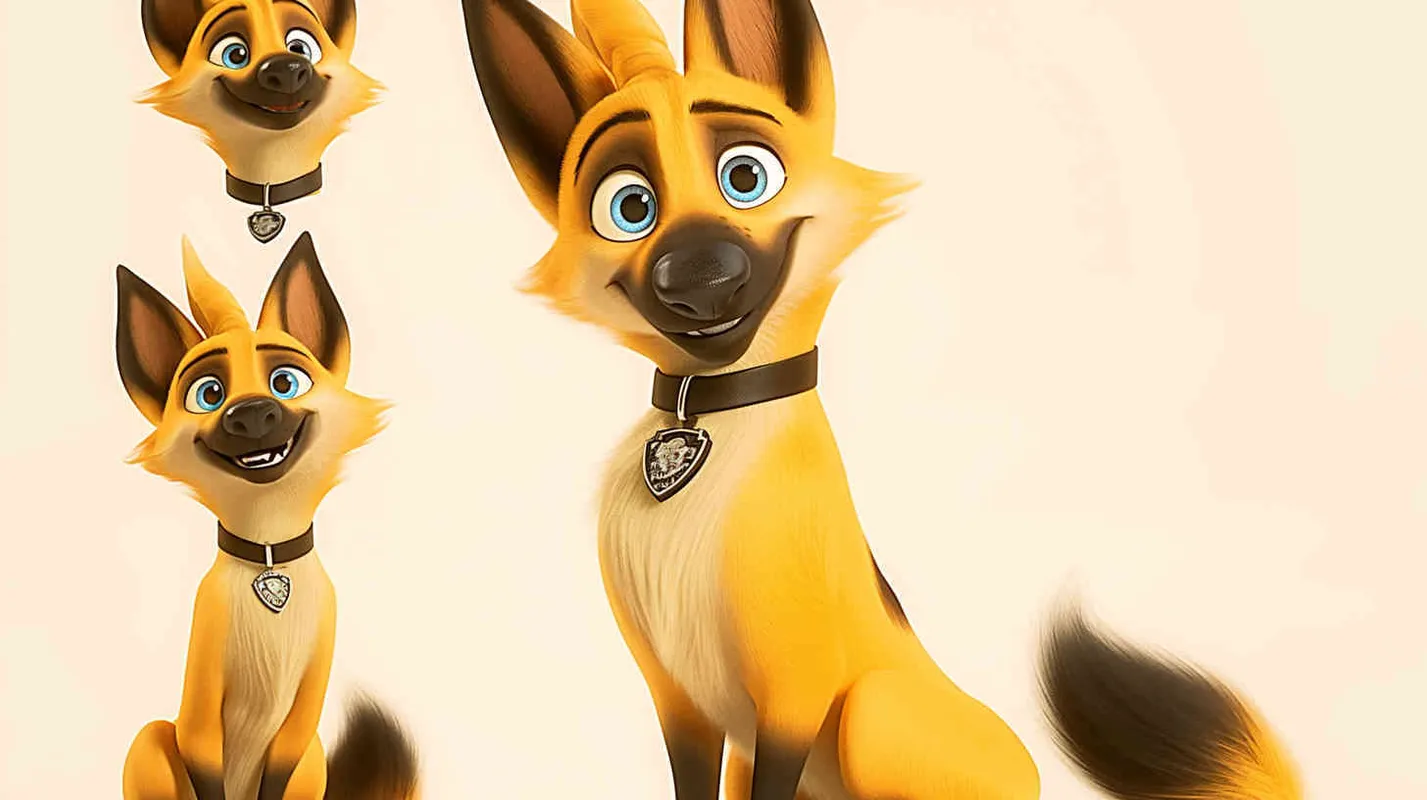 Pixar style, Disney Style, 3D design, C4D modeling, German Shepherd Dog, with lemon colored fur, blue big eyes, cute, and cool marks on the chest,character sheet , different expressions and poses，white background，Bright Colors, LivelyAtmosphere, Blender, OC Renderer, High Detail, High Quality - style1部分