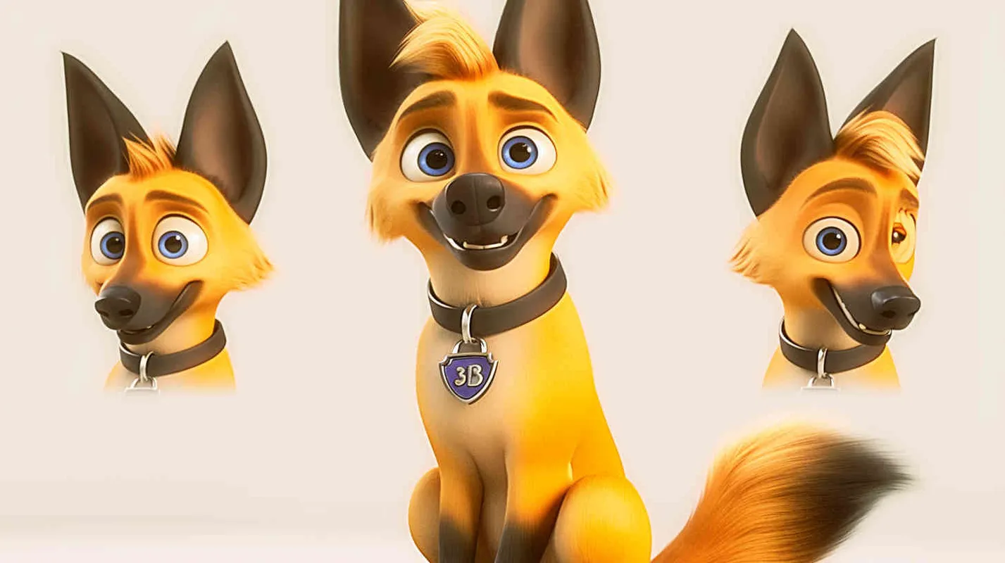 Pixar style, Disney Style, 3D design, C4D modeling, German Shepherd Dog, with lemon colored fur, blue big eyes, cute, and cool marks on the chest,character sheet , different expressions and poses，white background，Bright Colors, LivelyAtmosphere, Blender, OC Renderer, High Detail, High Quality - style2部分