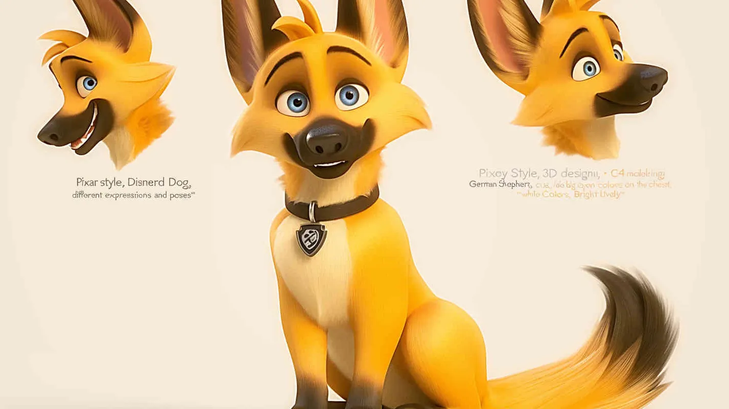 Pixar style, Disney Style, 3D design, C4D modeling, German Shepherd Dog, with lemon colored fur, blue big eyes, cute, and cool marks on the chest,character sheet , different expressions and poses，white background，Bright Colors, LivelyAtmosphere, Blender, OC Renderer, High Detail, High Quality - style3部分