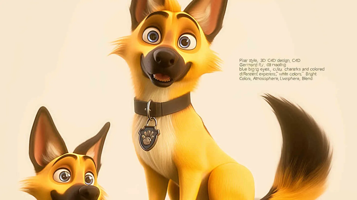 Pixar style, Disney Style, 3D design, C4D modeling, German Shepherd Dog, with lemon colored fur, blue big eyes, cute, and cool marks on the chest,character sheet , different expressions and poses，white background，Bright Colors, LivelyAtmosphere, Blender, OC Renderer, High Detail, High Quality - style4部分