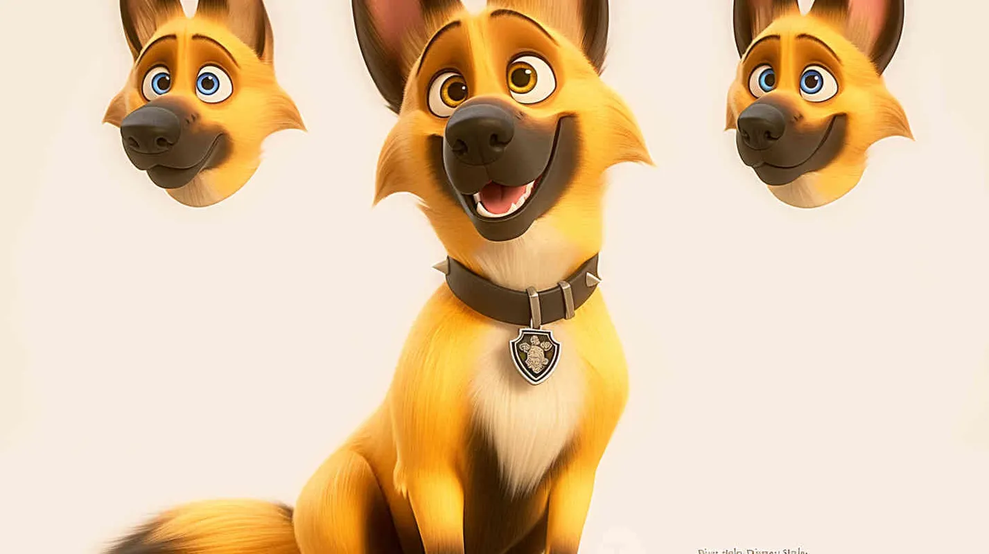 Pixar style, Disney Style, 3D design, C4D modeling, German Shepherd Dog, with lemon colored fur, blue big eyes, cute, and cool marks on the chest,white background，character sheet , different expressions and poses，Bright Colors, LivelyAtmosphere, Blender, OC Renderer, High Detail, High Quality - style1部分
