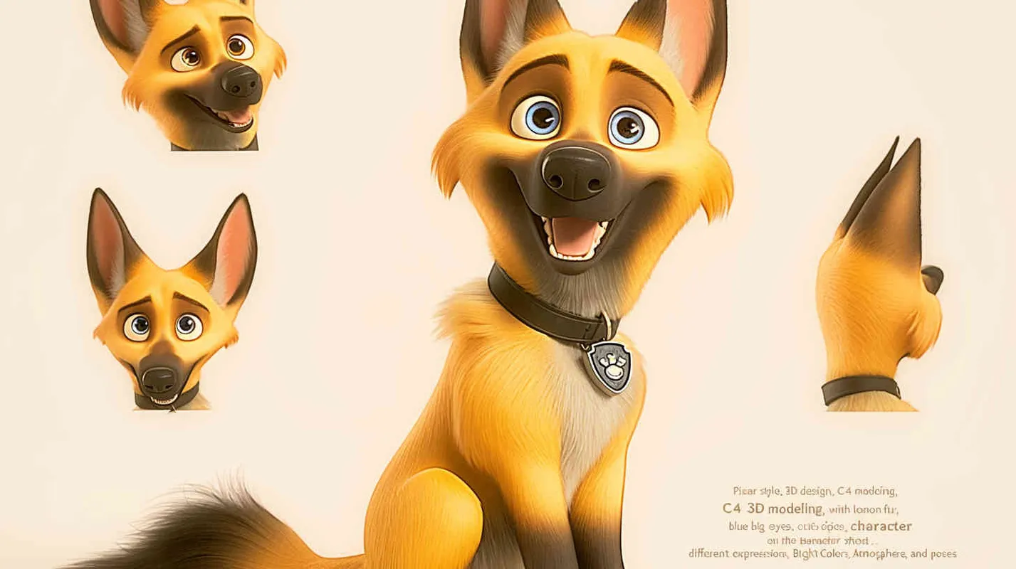 Pixar style, Disney Style, 3D design, C4D modeling, German Shepherd Dog, with lemon colored fur, blue big eyes, cute, and cool marks on the chest,white background，character sheet , different expressions and poses，Bright Colors, LivelyAtmosphere, Blender, OC Renderer, High Detail, High Quality - style2部分