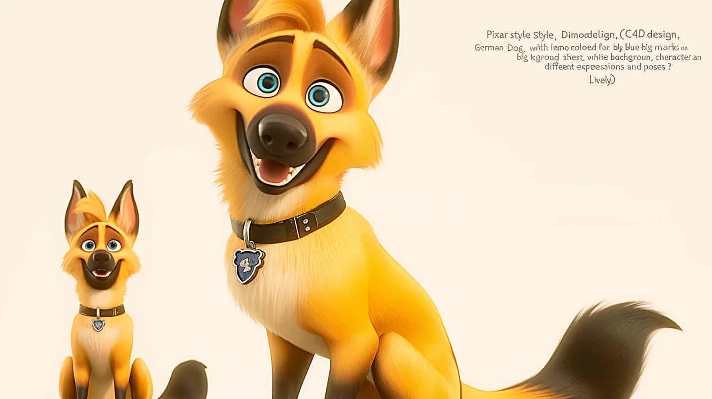 Pixar style, Disney Style, 3D design, C4D modeling, German Shepherd Dog, with lemon colored fur, blue big eyes, cute, and cool marks on the chest,white background，character sheet , different expressions and poses，Bright Colors, LivelyAtmosphere, Blender, OC Renderer, High Detail, High Quality - style3部分
