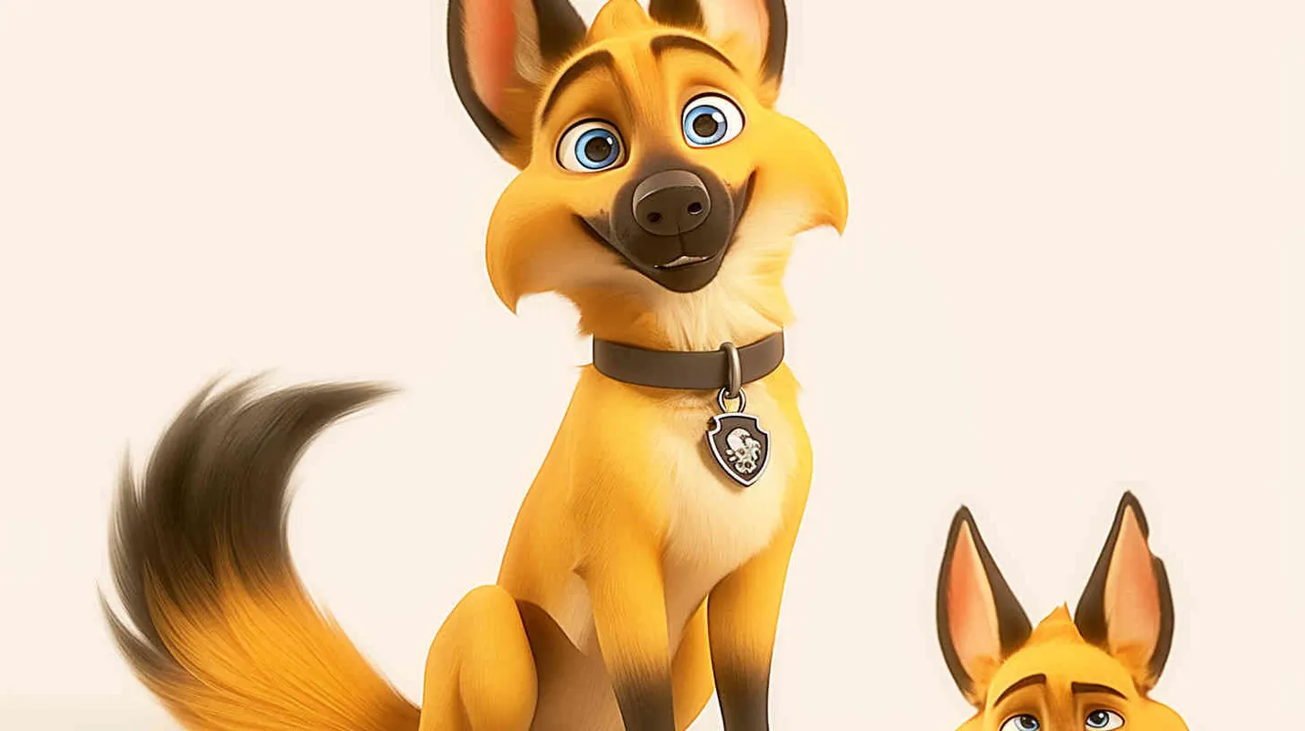 Pixar style, Disney Style, 3D design, C4D modeling, German Shepherd Dog, with lemon colored fur, blue big eyes, cute, and cool marks on the chest,white background，character sheet , different expressions and poses，Bright Colors, LivelyAtmosphere, Blender, OC Renderer, High Detail, High Quality - style4部分
