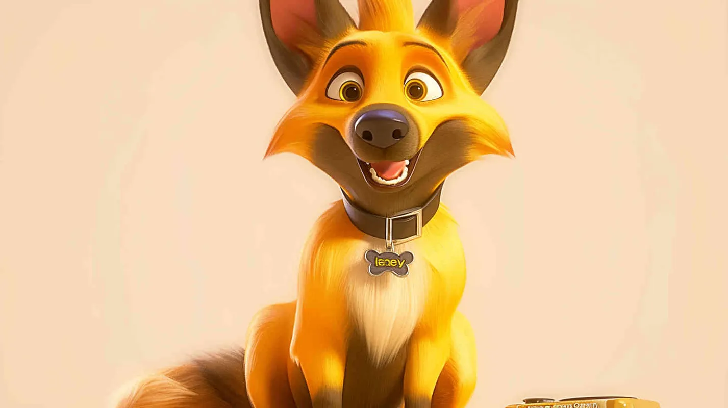 Pixar style, Disney Style, 3D design, C4D modeling,  Illustration depicting a lemon dog peeking into an open fridge with a playful expression, holding a bone in its mouth. The owner's figure looms in the background, appearing surprised and amused by the dog's antics. Use vibrant colors and dynamic linework to convey the sense of movement and humor in the scene，Bright Colors, LivelyAtmosphere, Blender, OC Renderer, High Detail, High Quality - style1部分