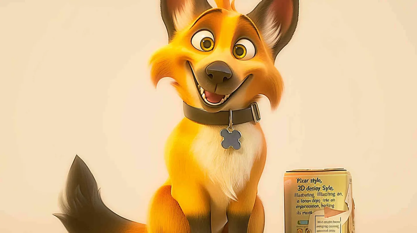 Pixar style, Disney Style, 3D design, C4D modeling,  Illustration depicting a lemon dog peeking into an open fridge with a playful expression, holding a bone in its mouth. The owner's figure looms in the background, appearing surprised and amused by the dog's antics. Use vibrant colors and dynamic linework to convey the sense of movement and humor in the scene，Bright Colors, LivelyAtmosphere, Blender, OC Renderer, High Detail, High Quality - style2部分