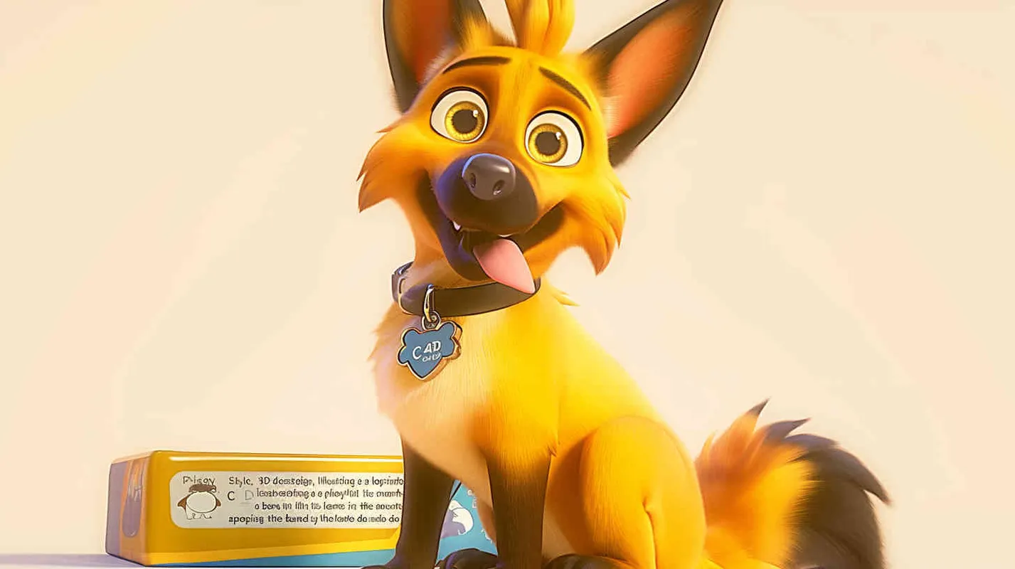 Pixar style, Disney Style, 3D design, C4D modeling,  Illustration depicting a lemon dog peeking into an open fridge with a playful expression, holding a bone in its mouth. The owner's figure looms in the background, appearing surprised and amused by the dog's antics. Use vibrant colors and dynamic linework to convey the sense of movement and humor in the scene，Bright Colors, LivelyAtmosphere, Blender, OC Renderer, High Detail, High Quality - style3部分
