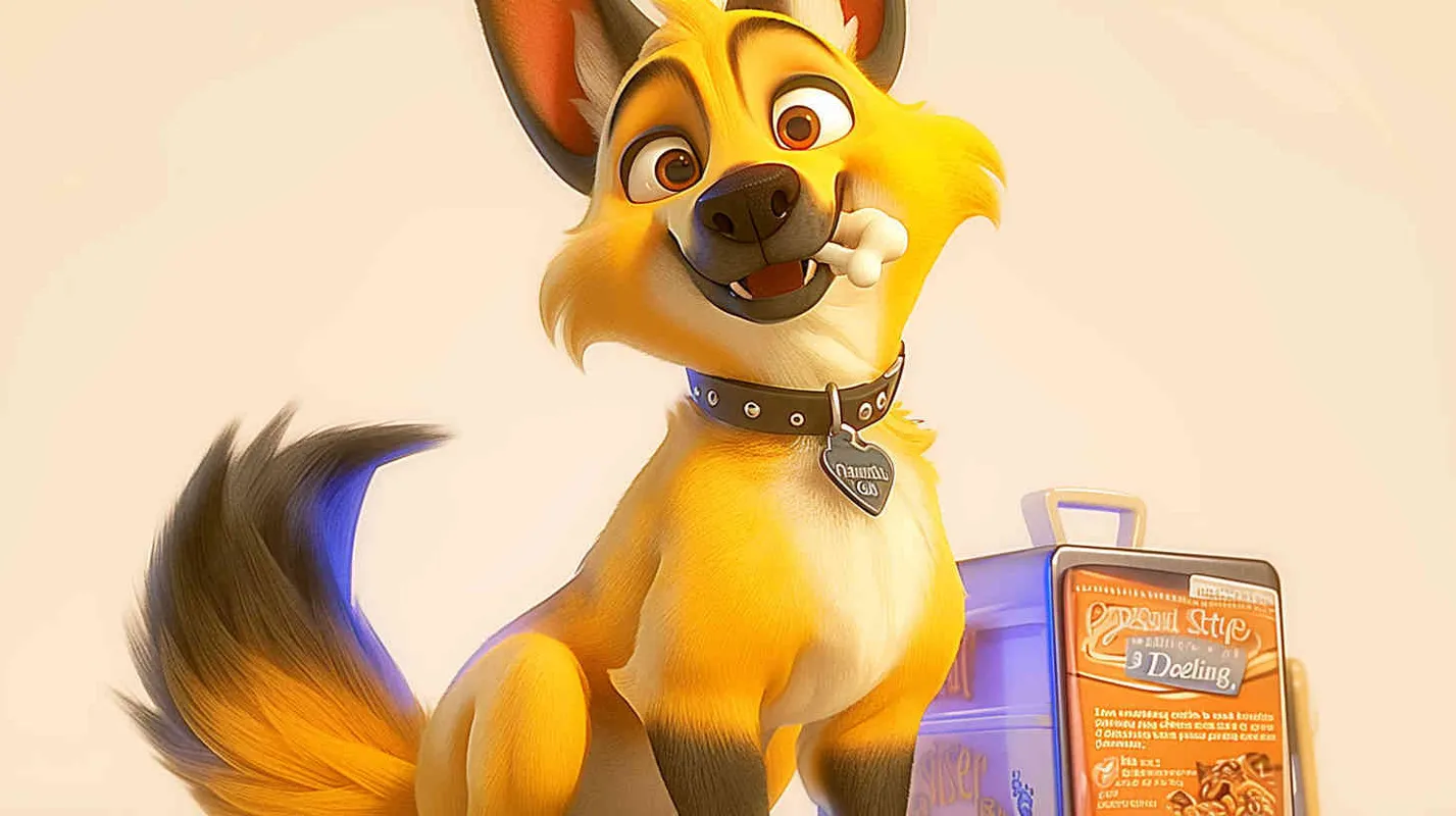 Pixar style, Disney Style, 3D design, C4D modeling,  Illustration depicting a lemon dog peeking into an open fridge with a playful expression, holding a bone in its mouth. The owner's figure looms in the background, appearing surprised and amused by the dog's antics. Use vibrant colors and dynamic linework to convey the sense of movement and humor in the scene，Bright Colors, LivelyAtmosphere, Blender, OC Renderer, High Detail, High Quality - style4部分