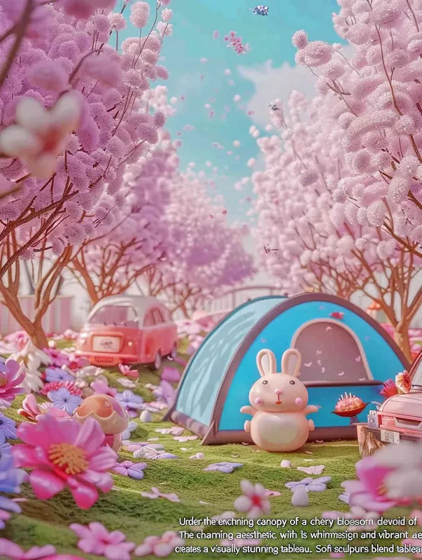 A dreamy camping scene under the cherry blossom tree, without a car,  style cute cartoon design , fantastic visuals , soft sculpture , webcam , bright colors , bold shapes , surrounded by flowers , capture the moment , spring , HD , ricoh 
 ff -9d,-- ar 3:4 - style2部分