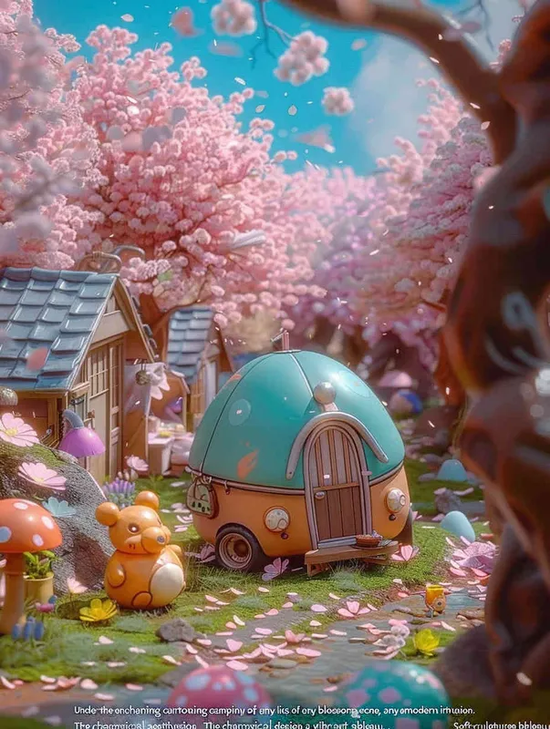 A dreamy camping scene under the cherry blossom tree, without a car,  style cute cartoon design , fantastic visuals , soft sculpture , webcam , bright colors , bold shapes , surrounded by flowers , capture the moment , spring , HD , ricoh 
 ff -9d,-- ar 3:4 - style3部分
