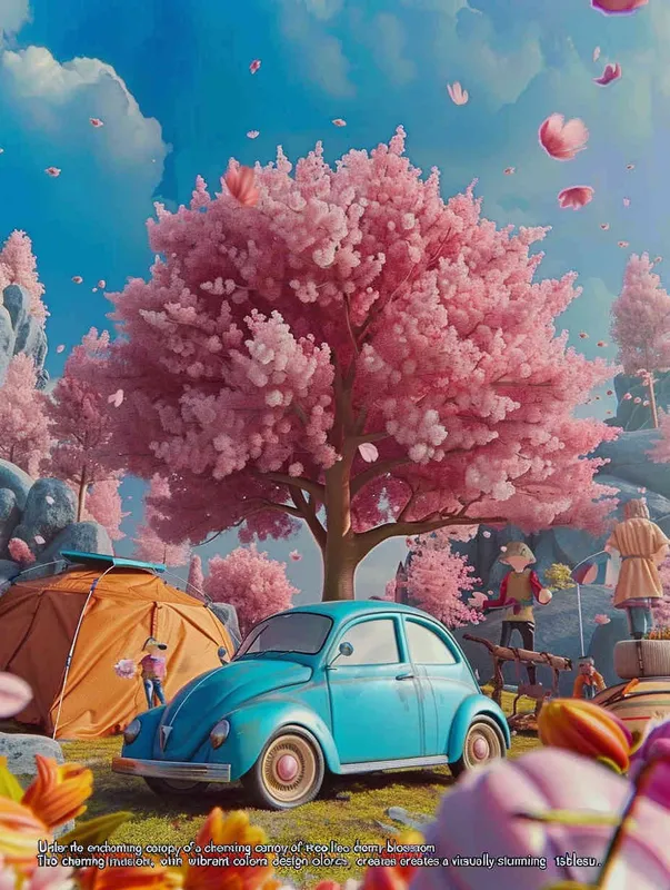 A dreamy camping scene under the cherry blossom tree, without a car,  style cute cartoon design , fantastic visuals , soft sculpture , webcam , bright colors , bold shapes , surrounded by flowers , capture the moment , spring , HD , ricoh 
 ff -9d,-- ar 3:4 - style4部分