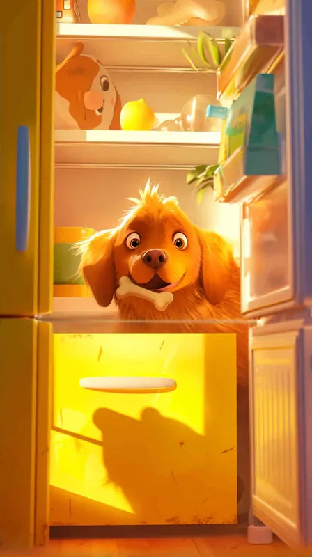Pixar style, Disney Style, 3D design, C4D modeling, Illustration depicting a lemon dog peeking into an open fridge with a playful expression, holding a bone in its mouth. The owner's figure looms in the background, appearing surprised and amused by the dog's antics. Use vibrant colors and dynamic linework to convey the sense of movement and humor in the scene，Bright Colors, LivelyAtmosphere, Blender, OC Renderer, High Detail, High Quality  - style2部分