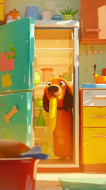 Pixar style, Disney Style, 3D design, C4D modeling, Illustration depicting a lemon dog peeking into an open fridge with a playful expression, holding a bone in its mouth. The owner's figure looms in the background, appearing surprised and amused by the dog's antics. Use vibrant colors and dynamic linework to convey the sense of movement and humor in the scene，Bright Colors, LivelyAtmosphere, Blender, OC Renderer, High Detail, High Quality  - style3部分