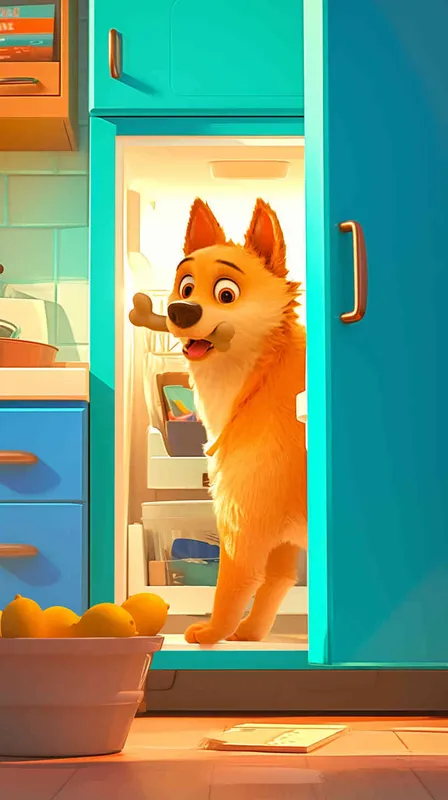 Pixar style, Disney Style, 3D design, C4D modeling, Illustration depicting a lemon dog peeking into an open fridge with a playful expression, holding a bone in its mouth. The owner's figure looms in the background, appearing surprised and amused by the dog's antics. Use vibrant colors and dynamic linework to convey the sense of movement and humor in the scene，Bright Colors, LivelyAtmosphere, Blender, OC Renderer, High Detail, High Quality  - style4部分